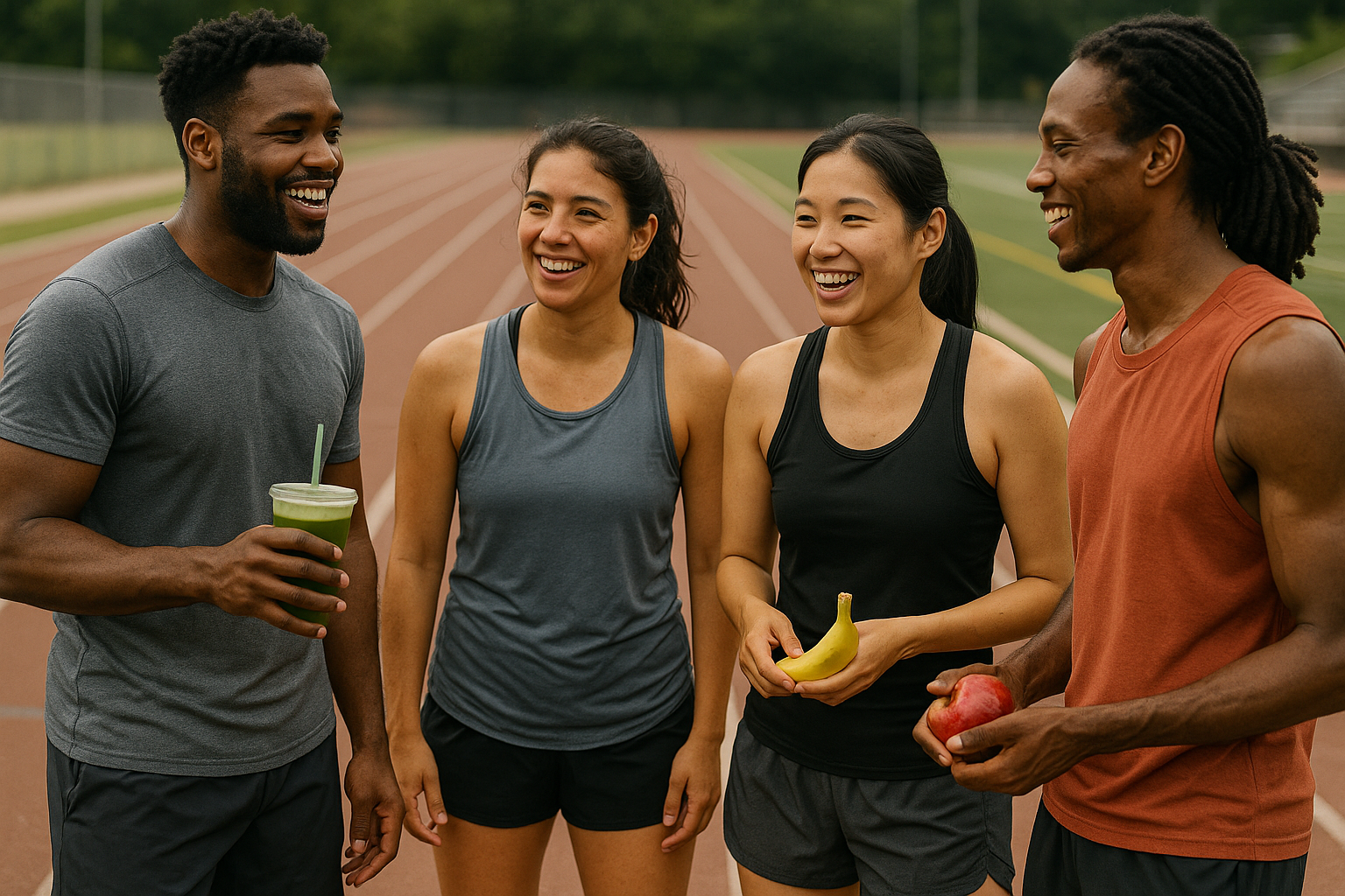 i like this but please make it a little less ai and no white people and also two holding healthy green smothies one holding and other holding fruit 